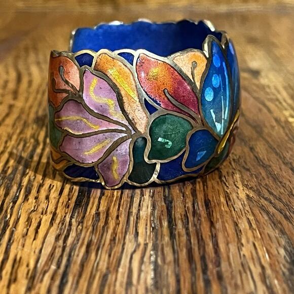 Vintage Signed David Kuo Champleve Enamel Cuff Bracelet Cloisonné Butterfly - Picture 3 of 16